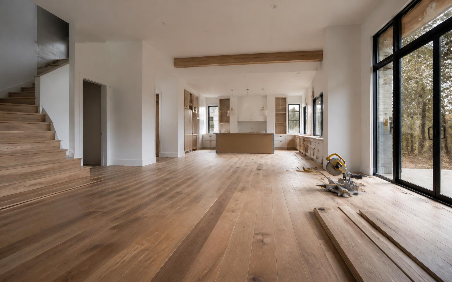 Wide-plank oak flooring being installed in a newly built home