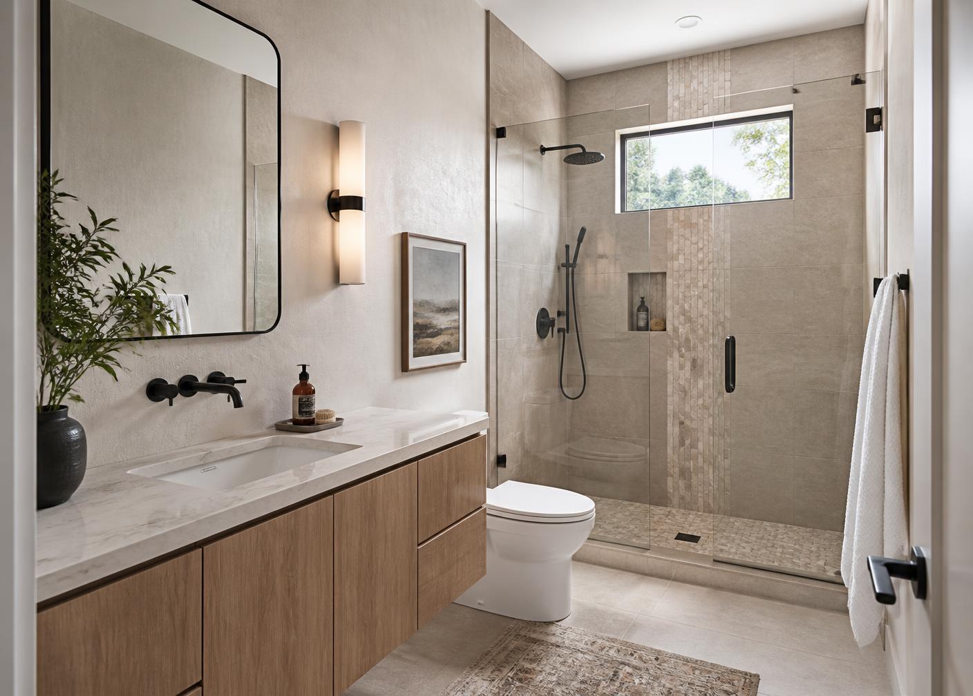 Large-format porcelain shower tile with mosaic accent in a newly built bathroom
